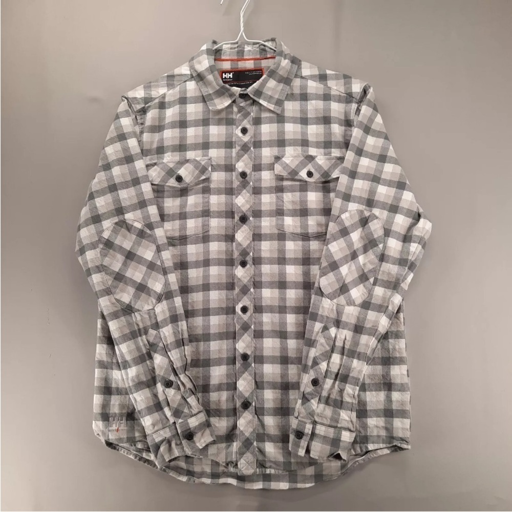 Helly Hansen Workwear Shirt Mens Grey XL Plaid Pockets Cotton Flannel Button Up